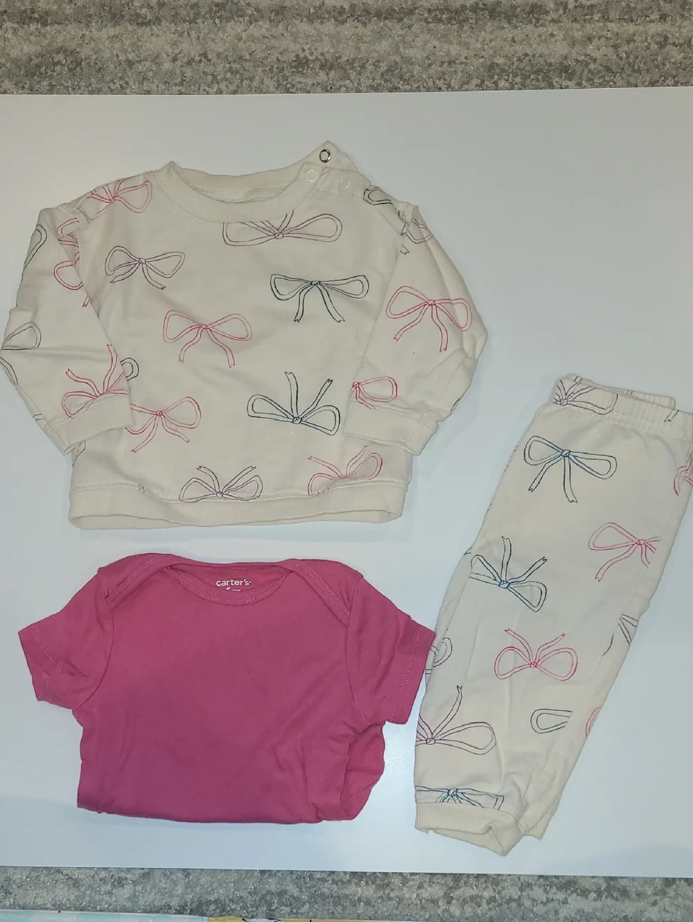 Carter's Cream Bow Print Three Piece Set with Pink Bodysuit.  Size 6 Months.
